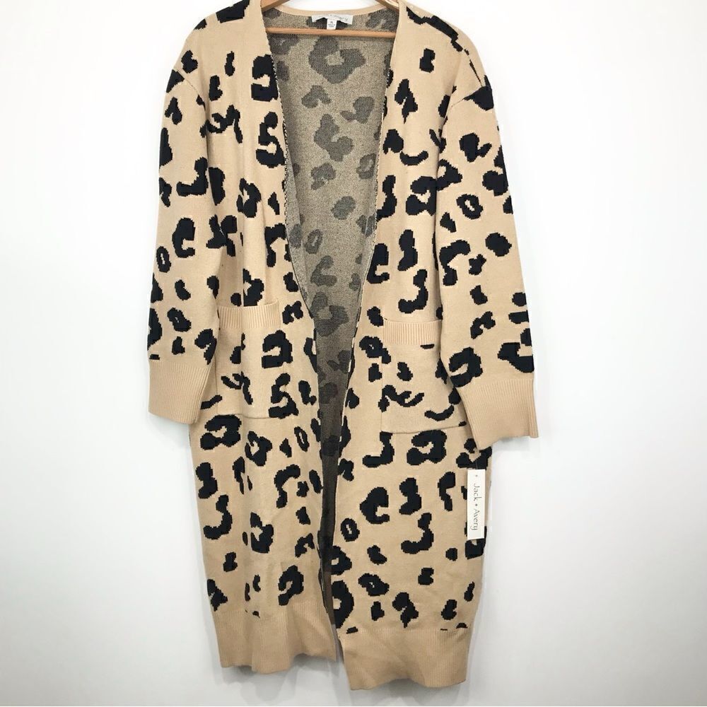 Jack and Avery Tan Cheetah Animal Print Long Open Front Knit Cardigan Sweater